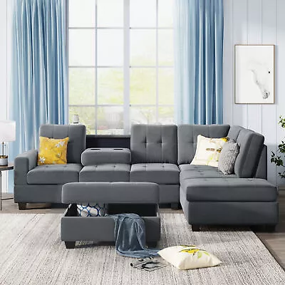 L-Shape Sectional Sofa W/Reversible Chaise Lounge，Storage Ottoman And CupHolders • $1128.37