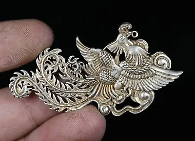 6.5CM Old Chinese Miao Silver Feng Shui Phoenix God Bird Luck Amulet Pendant • $12