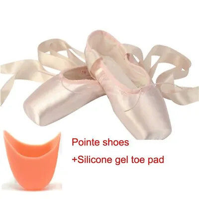 Women Girls Professional Satin Ballet Pointe Shoes + Silicone Gel Toe Pads 2.5-9 • $21.59