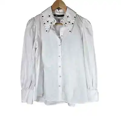 ZARA Jewel Poplin Shirt White Bedazzled Pearl Button Up Puff Sleeve SZ XS • $29