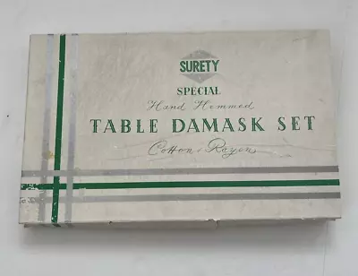 Vintage Surety Table Damask WHITE 64x84 Tablecloth With 4 Napkins Pink • $25