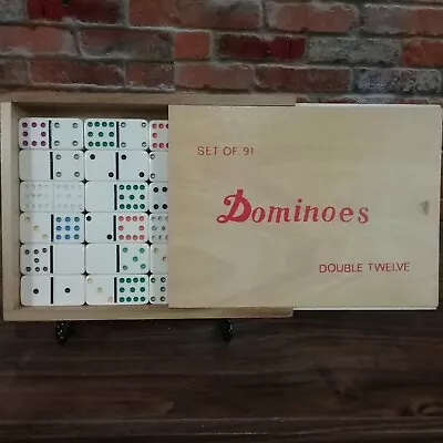  Dominoes 91 Piece Set Double-Twelve Ivory Tiles In Wooden Storage Case • $9.95