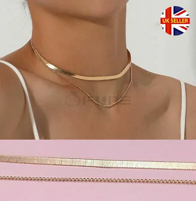 £4.99 • Buy Classic Punk Style Layered Gold Bead Link Flat Herringbone Snake Chain Necklace