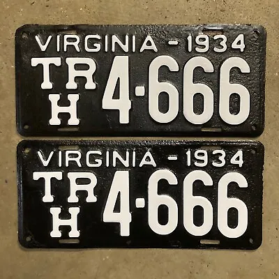 $40.18 • Buy 1934 Virginia License Plate Pair TR H 4 666 YOM DMV Clear Ford V8 Devil Rat Rod