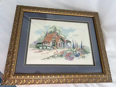 Completed & Framed Vintage Needlepoint Country Cottage Flowers Sheep Homestead  • $40