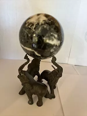 Vintage Bronze Circle Of Three Elephants Raised Trunks Holding Up Marble Ball • $14