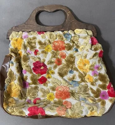 Vintage Plush Bag With Wooden Handle • $25