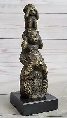 100% Real Bronze Three Wise Monkeys Statue Sculpture Marble Base Figurine Sale • $129.50