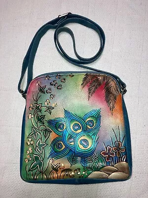 Vtg Biacci Boho Hand Painted Peacock Leather Bag Anuschka Inspired • $59