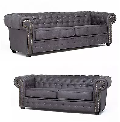 Chesterfield 3+2 Seater Sofa Set Astor Grey Charcoal Suede Leather Sofa Bed • £369