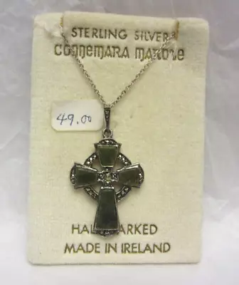 Vintage Sterling Silver Connemara Marble Cross Crucifix Pendant 18  Necklace • $39.99