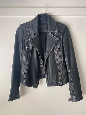 All Saints Leather Cargo Biker Jacket Black Womens UK8 • $60