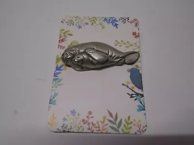  Pewter Manatee Sea Cow Mother And Baby Lapel Hat Cap Pin Brooch 1.75 Inches • $14.19