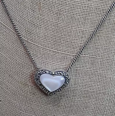 Vtg. Mother Of Pearl /Marcasite Sterling Silver Heart Slide Pendant Necklace 18  • $24.99