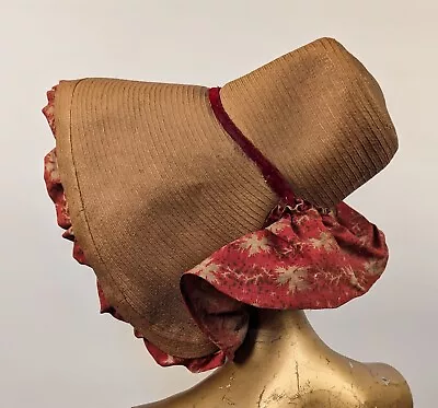 1820’s Hand Woven Straw Bonnet W Print Cotton Ruffles + Velvet Band • $1065.30