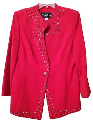 Moshita Couture Red Bedazzled Beaded Asymmetric Blazer Shoulder Pads Size 14 80s • $39.99