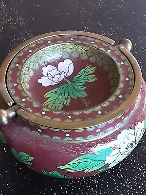 Vtg Chinese Cloisonne Enamel Brass Flowers Flip Top Lid Incense Burner Ashtray • $29.99