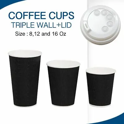 $18 • Buy Disposable Coffee Cups Triple Wall Black 50,100,250,500,1000 Cup+Lid Ripple Wall