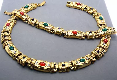 Vintage Gold Tone Mughal Style Rhinestone Cabochon Choker Necklace Bracelet Set • $65