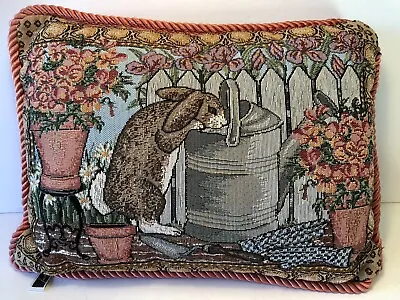 Tapestry Throw Pillow Rabbit Easter Bunny Garden VTG Gray Pink 11x16” • $13.99