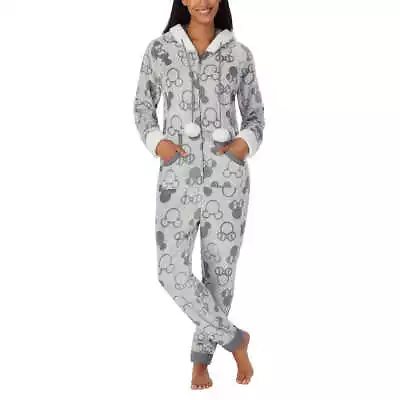 Disney Women's Mickey & Minnie Mouse One-Piece Hooded Pajama Gray Medium • $20.69