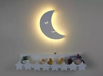 White Moon Night Light Nursery Kid's Room Decoration Wall Lamp Chord Wooden Baby • £14.99