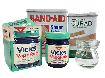 Vtg Medicine Cabinet Lot -Vicks Vaporub GlasCo 99865 Eye Cup Metal Bandage Tins • $29.99