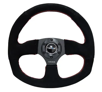 NRG 320mm RACING / SPORT STEERING WHEEL BLACK SUEDE / RED STITCH & OVAL BOTTOM • $114