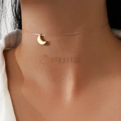 Trendy Minimalist 18ct Gold Plated Half Moon Invisible Fishline Choker Necklace • £3.99