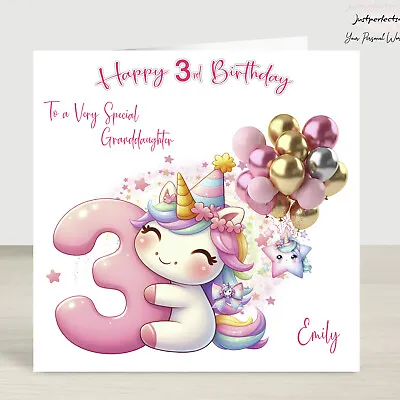 3rd Girls Unicorn Birthday Card Personalised Cute Unicorn Card 3rd Birthday Card • £2.80