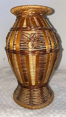 Vintage Wicker Vase Bamboo Rattan 9” Boho Chic Rustic Decor Handicraft Woven • $26