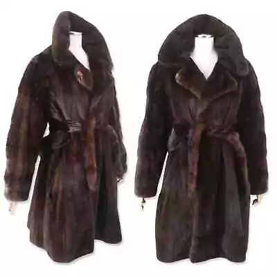 Vintage 1970s Mink Fur Tie Coat Size L High End Chocolate Ranch Mink Swing Coat  • $850