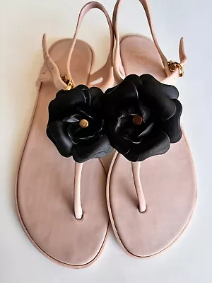 Melissa Pink Jellys- Black Flower Flats Sandals    Pink  Sz 6/37 • $15.50