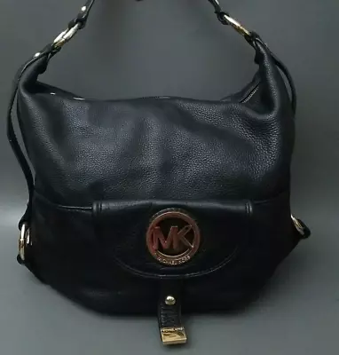 Michael Kors Pebbled Leather Hobo Bag Fulton Black Large Logo Flap Pocket • $47.99