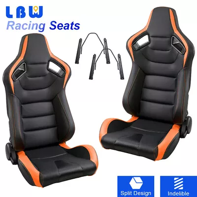 Pair Of Car Racing Seats Seats Black Faux Leather + Orange Stitching W/2 Sliders • $398.98