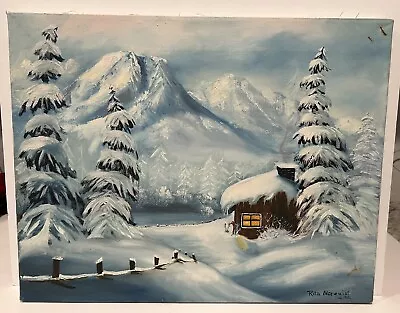 Vintage Signed Snow Cabin Mountain Landscape Oil Painting Signed Rita Norquist • $80