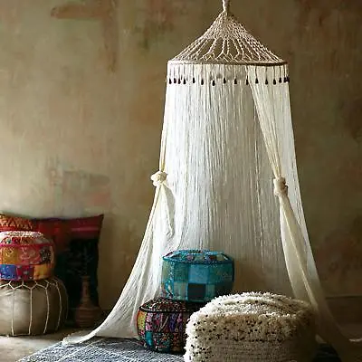 Boho Sheer Cotton Canopy Princess Curtain Gauze Drape Macrame Dome W/Wood Beads • $98.60