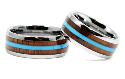 8mm Men's Tungsten Turquoise Hawaiian Koa Wood Double Wedding Band Ring Comfort • $27.99
