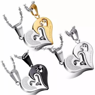 Stainless Steel Men Women Couple Necklace Pendant Love Heart CZ Puzzle Matching • $8.99