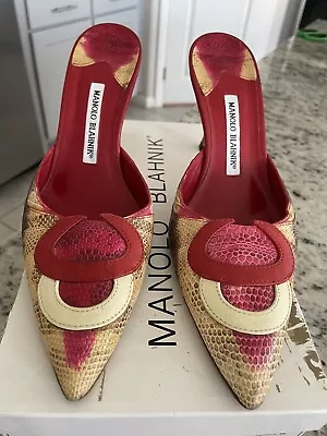 Manolo Blahnik Gypse Tie Dye Lizard Mule Red/Tan Size 39 $1295 • $375