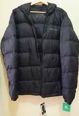 EDDIE BAUER Men's Wide Channel Hooded Down Puff Jacket Packable Blue Size XL • $46.99