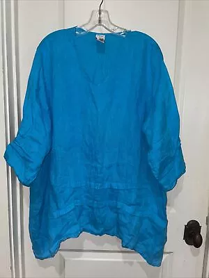 Match Point Turquoise Blue Linen Tunic Top Oversized Lagenlook Womens L • $29.99