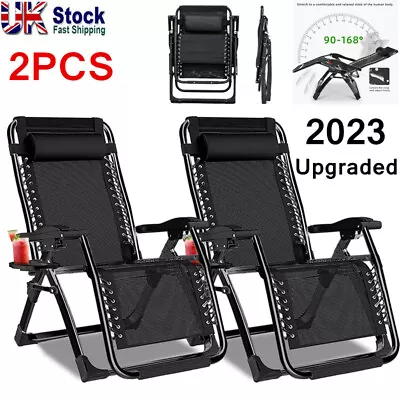 2 X Reclining Sun Lounger Outdoor Garden Adjustable Folding Zero Gravity Chair • £79.85