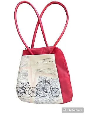 ESPE Red Shoulder Bag Backpack Vegan LeatherFrench Francaise Print Bicycle  • $32.99