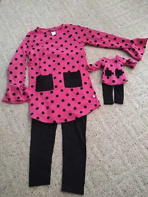 Dollie & Me Girls Pink/ Black Dots Dress And Black Leggings Sz 12 Matching Doll  • $18.77