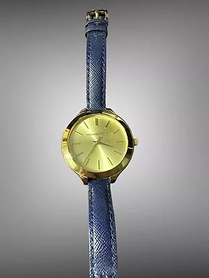 Michael Kors MK2285 Analog Quartz WR 5ATM Watch Gold Dial Case Blue Leather • $34