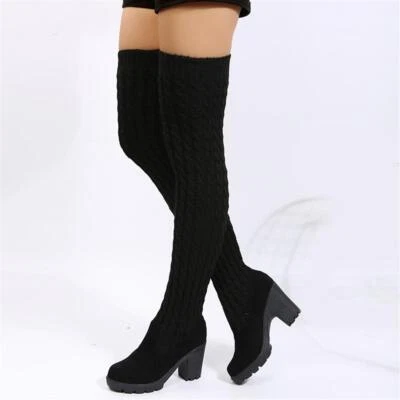 £29.19 • Buy Womens Over The Knee High Heel Boots Winter Mid Heel Knitted Sock Boots Shoes 