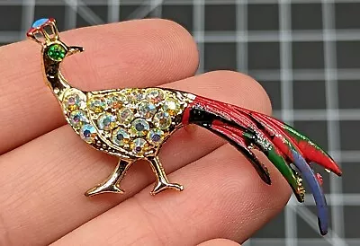 Vintage AB Crystal Rhinestone Peacock Bird Enamel Gold Tone Figural Brooch Pin • $8.99