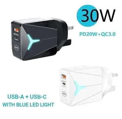 30W Fast Charger Plug QC 3.0 PD 20W With LED LIGHT For Samsung Apple IPhone • £8.95