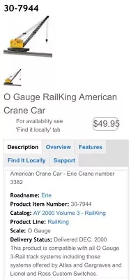 MTH Rail King 30-7944 Erie  American Crane Car NIB • $55